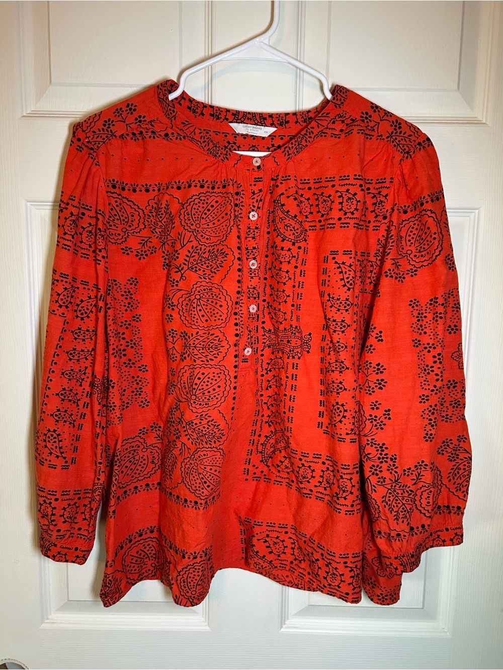Lucky Brand Peasant Blouse Women’s XXL Boho Orange Black Paisley Folk Halloween